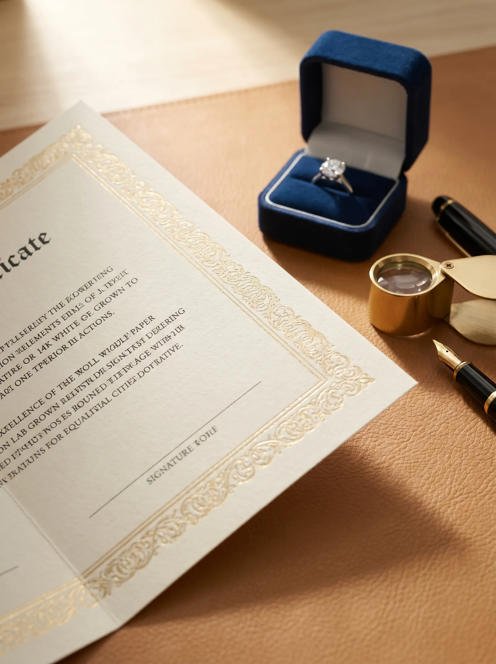Insurance-grade appraisal certificate with engagement ring and jeweler's loupe