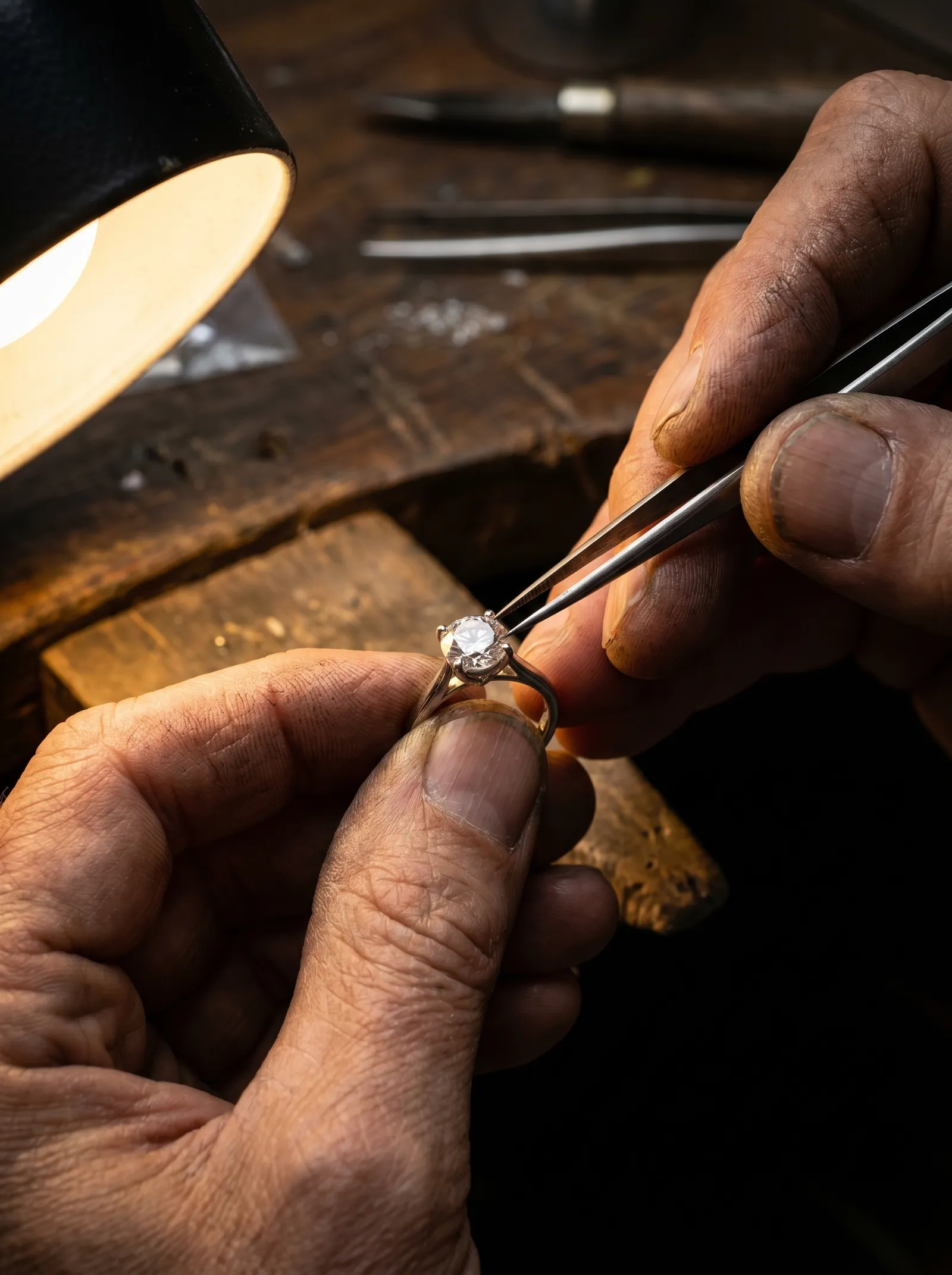 Master diamond setter at work — close-up of hands setting prongs on an engagement ring